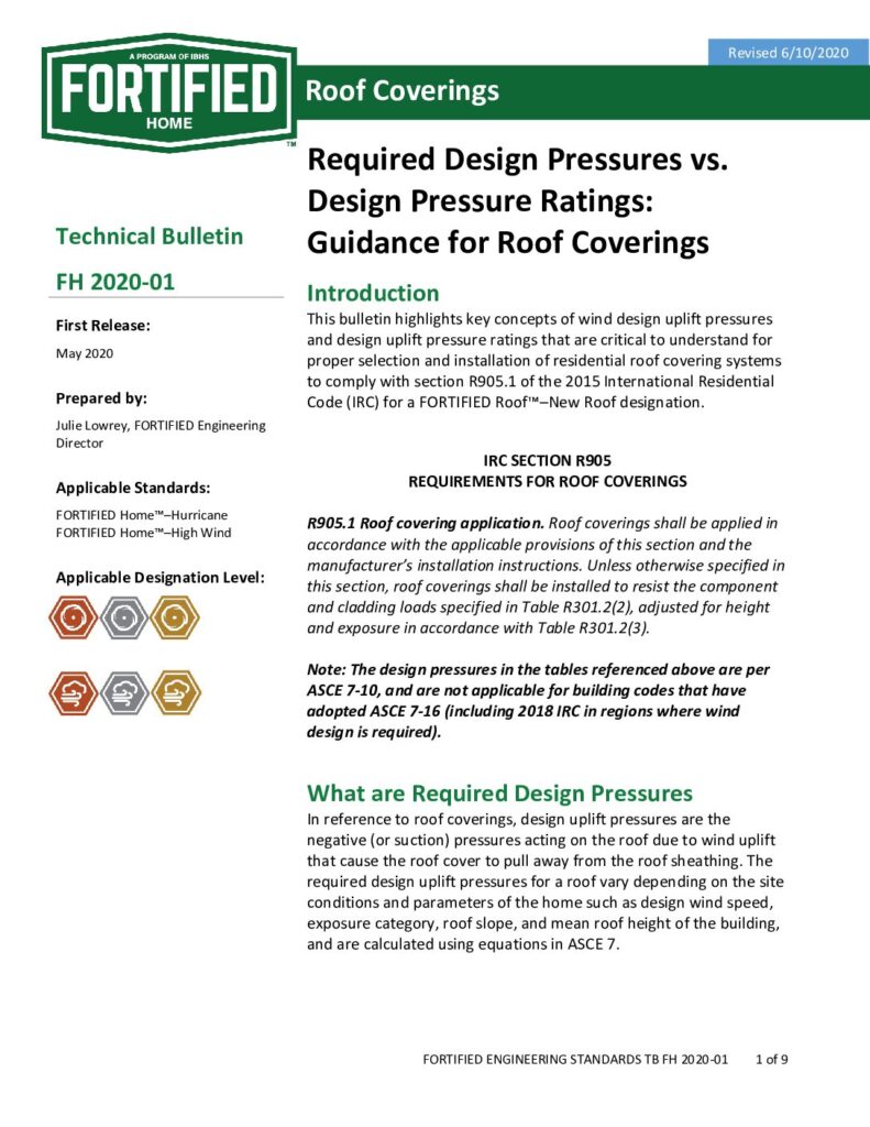 2020-01 : Design Pressure Guidance for Roof Coverings