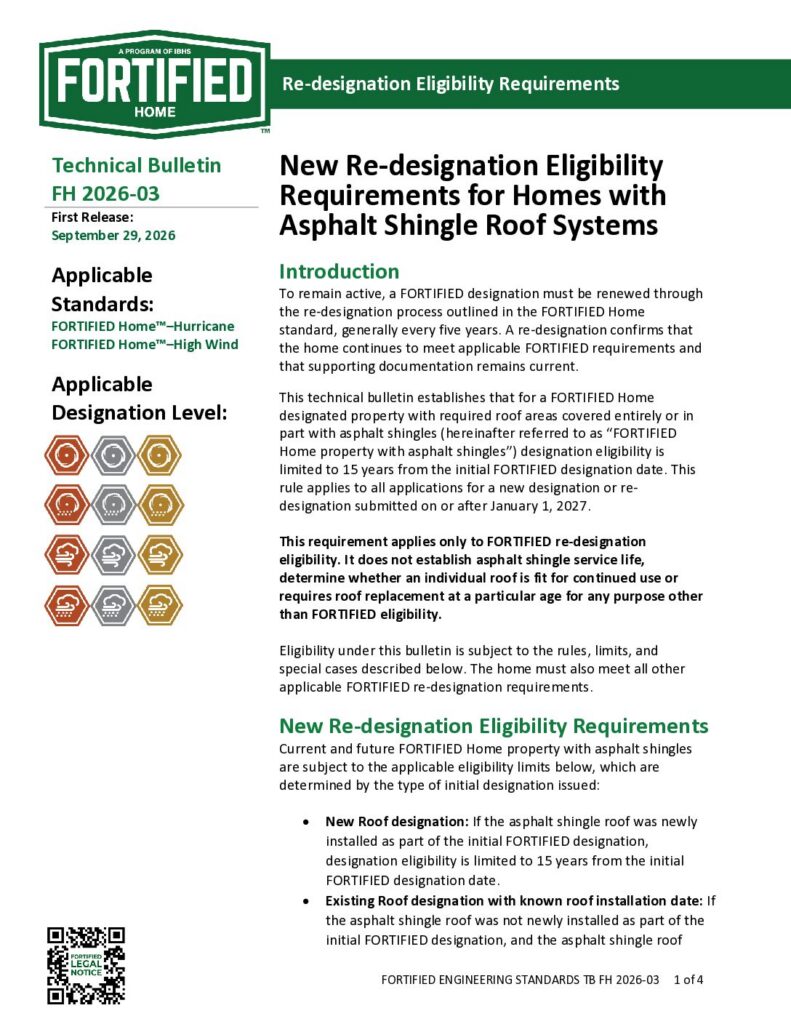 FH-2026-03 – New Re-designation Eligibility Requirements for Homes with Asphalt Shingle Roof Systems