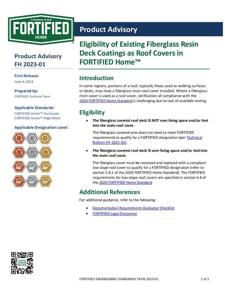 2023-01 Product Advisory FH : Eligibility of Existing Fiberglass Resin  Deck Coatings as Roof Covers