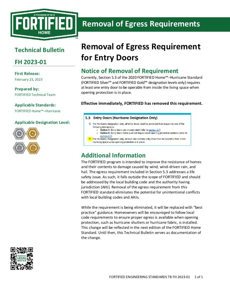 2023-01 : Removal of Egress Requirement for Entry Doors