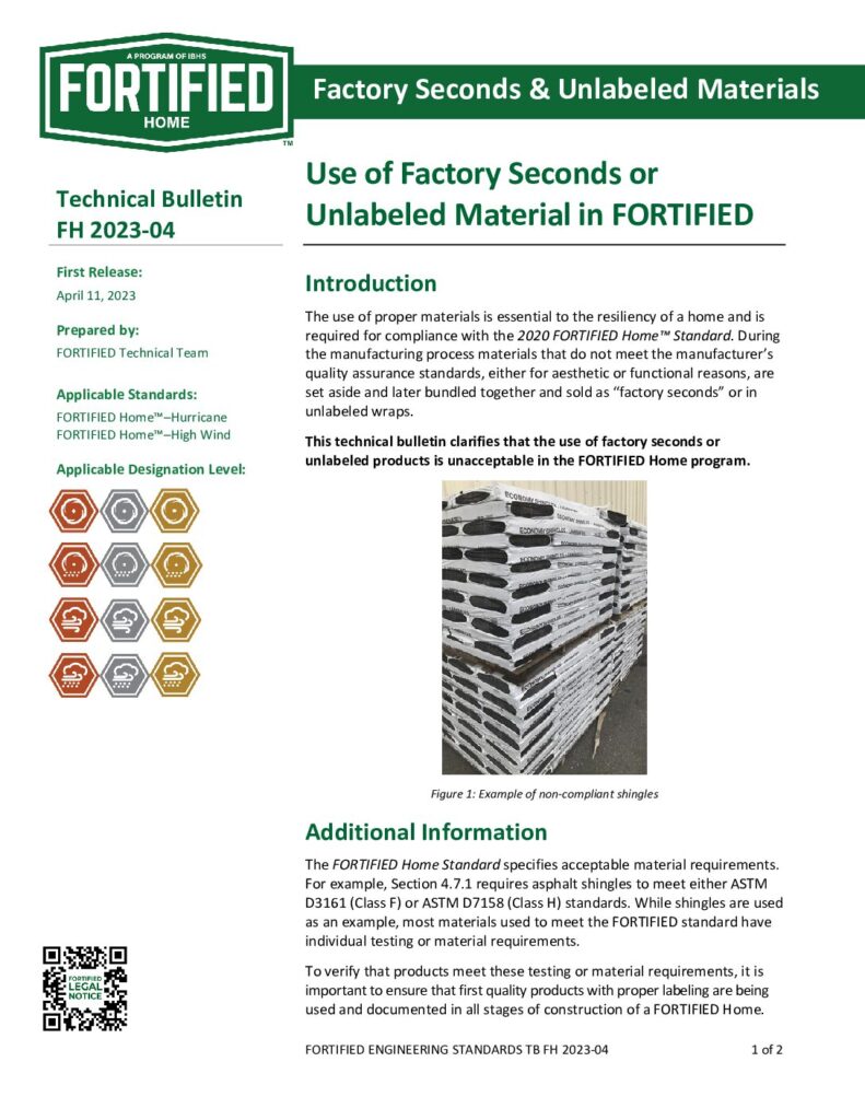 2023-04 : Use of Factory Seconds or Unlabeled Material in FORTIFIED