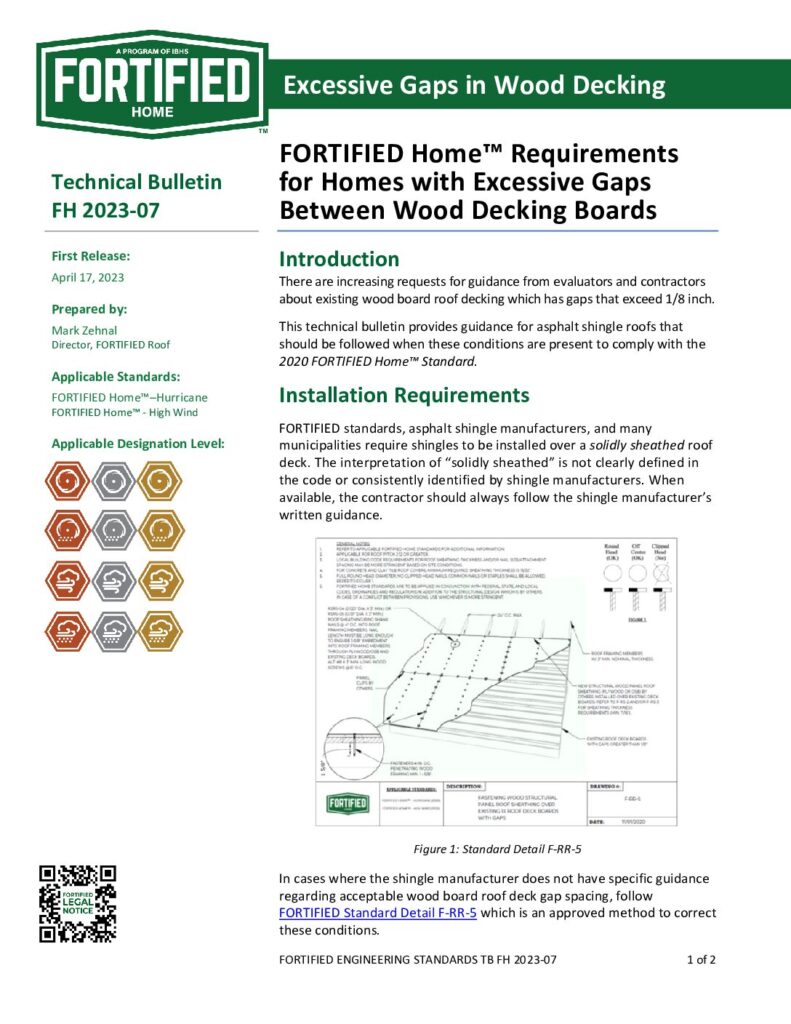 2023-07 : FORTIFIED Home™ Requirements  for Homes with Excessive Gaps  Between Wood Decking Boards