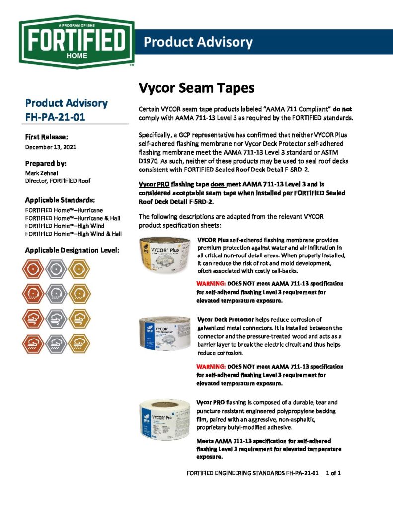 2021-01 : PA – Vycor Product Advisory